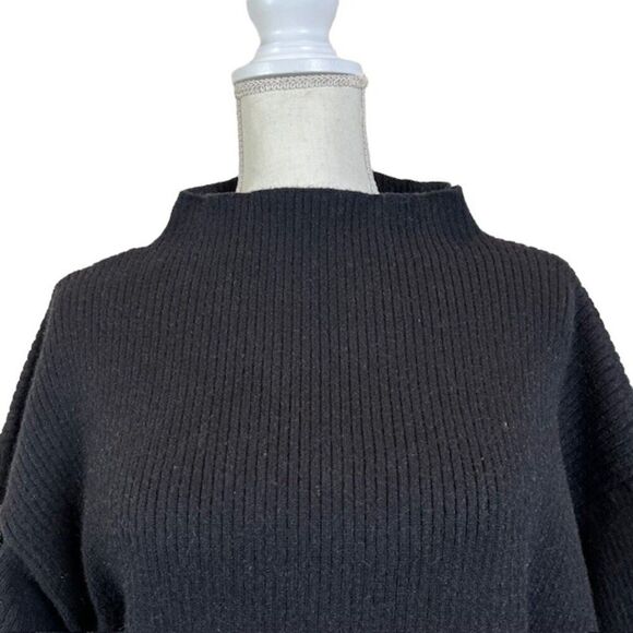 Line + Dot Wide High Neck Puff Sleeve Ribbed Knit Sweater Black Size Medium - Picture 2 of 7